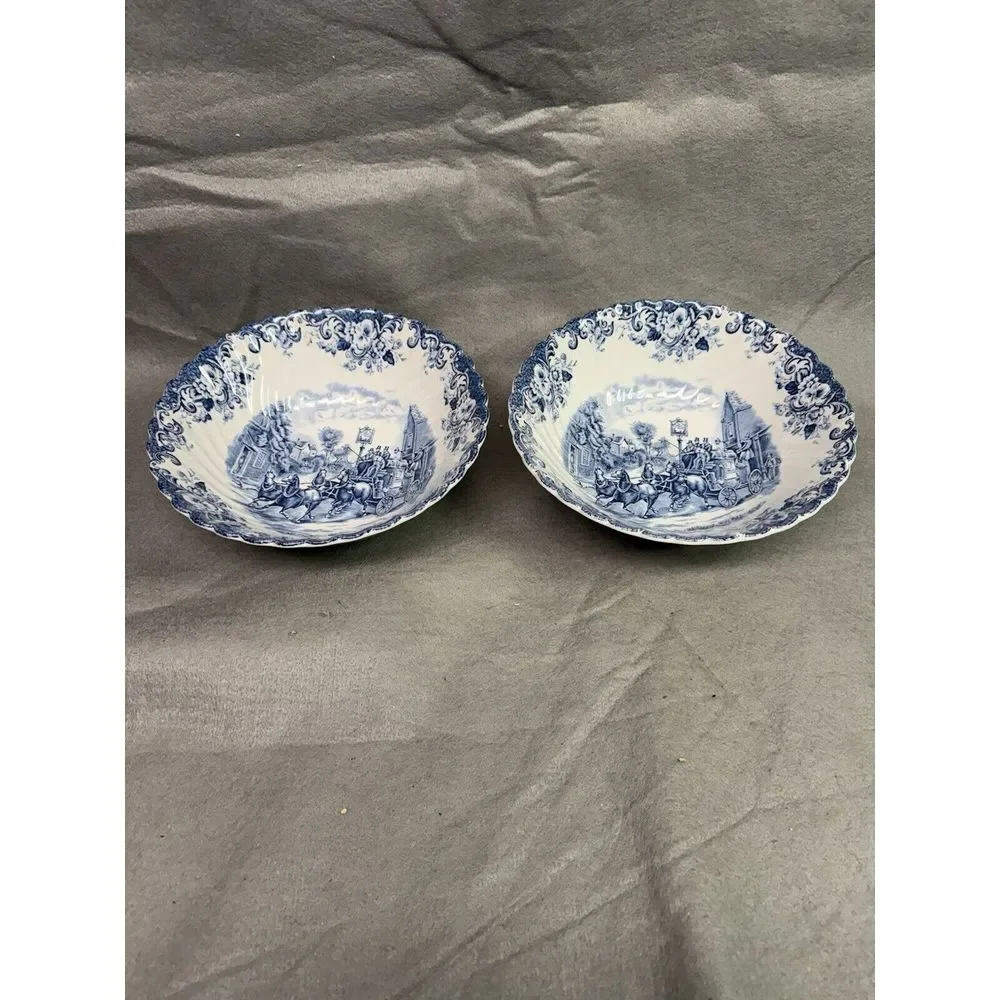 VINTAGE JOHNSON BROS (HANLEY) 8 INCH IRONSTONE SERVING BOWLS (2) COACHING SCENES